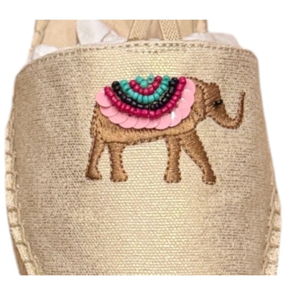 Talbots Gold Embroidered Elephant Espadrille 10 Beaded Slingback Flats - Picture 2 of 9